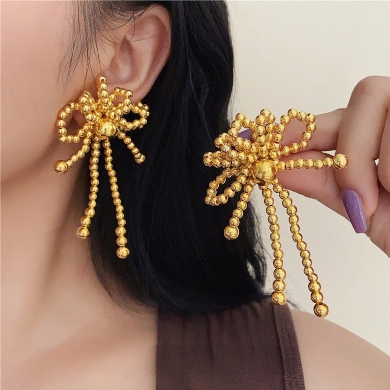 ゴールド ビーズリボン ピアス 90024