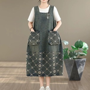 SQUARE NECK A-LINE MIDI DENIM JUMPER DRESS 1color M-16215