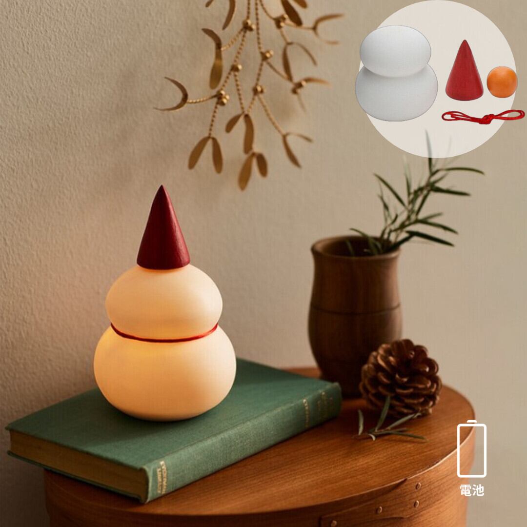 【新入荷】鏡餅のオブジェとしても使える 半磁器のLEDライト(2サイズ)/2way 正月 雪だるま 電池☆