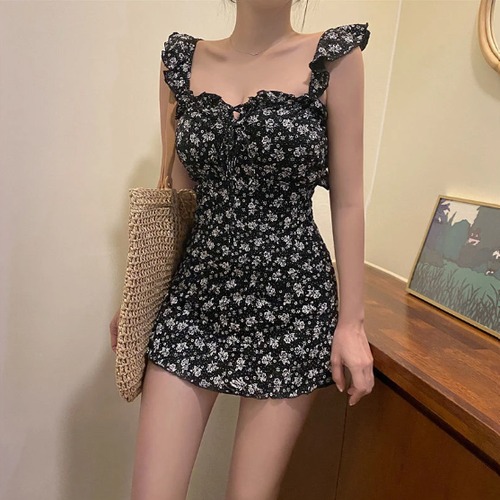 花柄 韓国 ワンピース 水着 ブラック B025