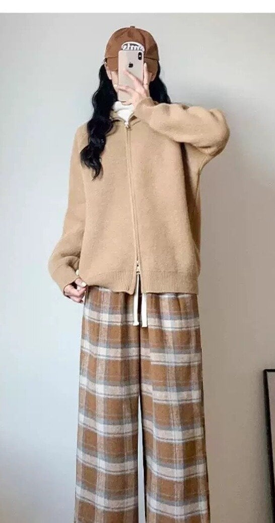 152cm〜 キャメルチェックの裏起毛ワイドパンツ