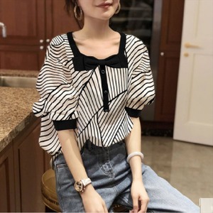 【送料無料】 ブラウス 半袖 ストライプ柄 カジュアル系 大人可愛い きれいめ フェミニン エレガント系 リボン ラウンドネック こなれ感 コンサバ系 夏 20代 30代 レディースファッション 可愛い お出かけ 女子会 デイリーユース お茶会 お呼ばれ ホワイト
