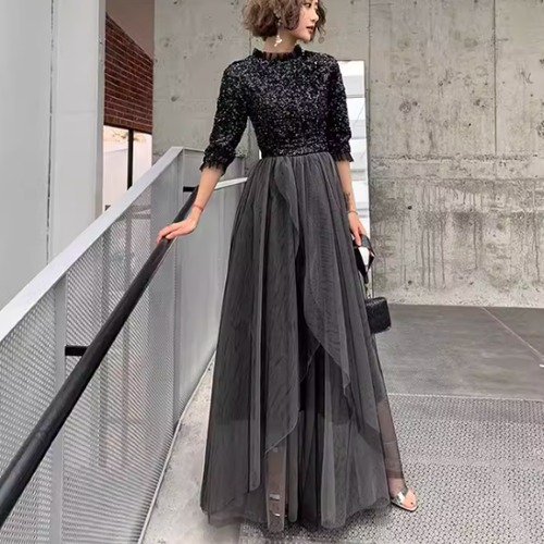 演奏会ドレス レディース ワンピース ロングワンピース パーティードレス 結婚式ドレス 半袖 ハイウエスト 切り替え スパンコール ビジュー きらきら チュールスカート Aラインスカート きれいめ