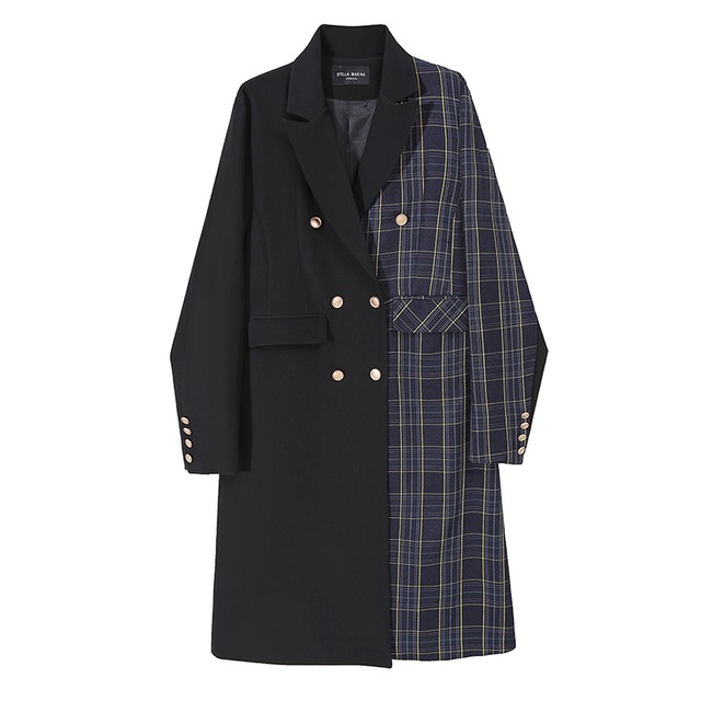 サブカル 服 地雷系 通販 モード系 欧米系デザイン アウター コート バイカラー レトロ チェック柄 ミドル丈 ダブルボタン大人可愛い 上品 大人きれいめ Dressy スタイルアップ 20代 30代女性