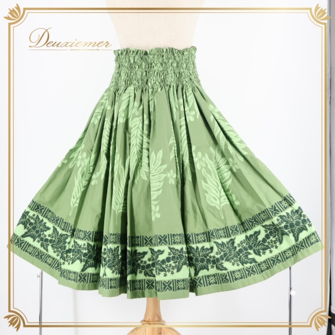 フラダンス 衣装 パウスカート グリーン系 ハワイアンプリント アロハ ハワイアン シングル スカート 植物柄 かわいい おしゃれ 大人っぽい 落ち着いている レッスン 練習 黄緑 緑 フラ ダンス ふんわり フレア スカート エレガント ダンスウェア カジュアル リーフ柄 トロピカル パーティー