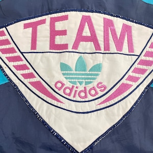 【adidas】80s トラックジャケット ブルゾン バックロゴ teamadidas 銀タグ 万国旗タグ 切替 マルチカラー レトロ 刺繍 ロゴ ジップアップ L スポーツmix ヴィンテージ アディダス スポブラ 希少 US古着