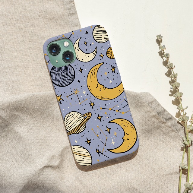 受注生産 iPhoneケース ブルー背景の月と星のパターン｜星柄 STAR068A
