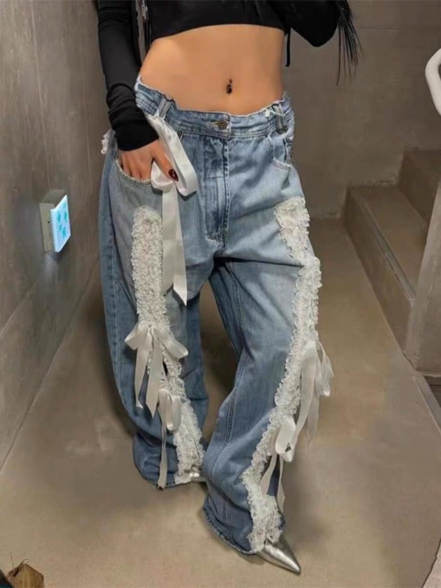 受注】Center lace ribbon denim pants （センターレースリボンデニム