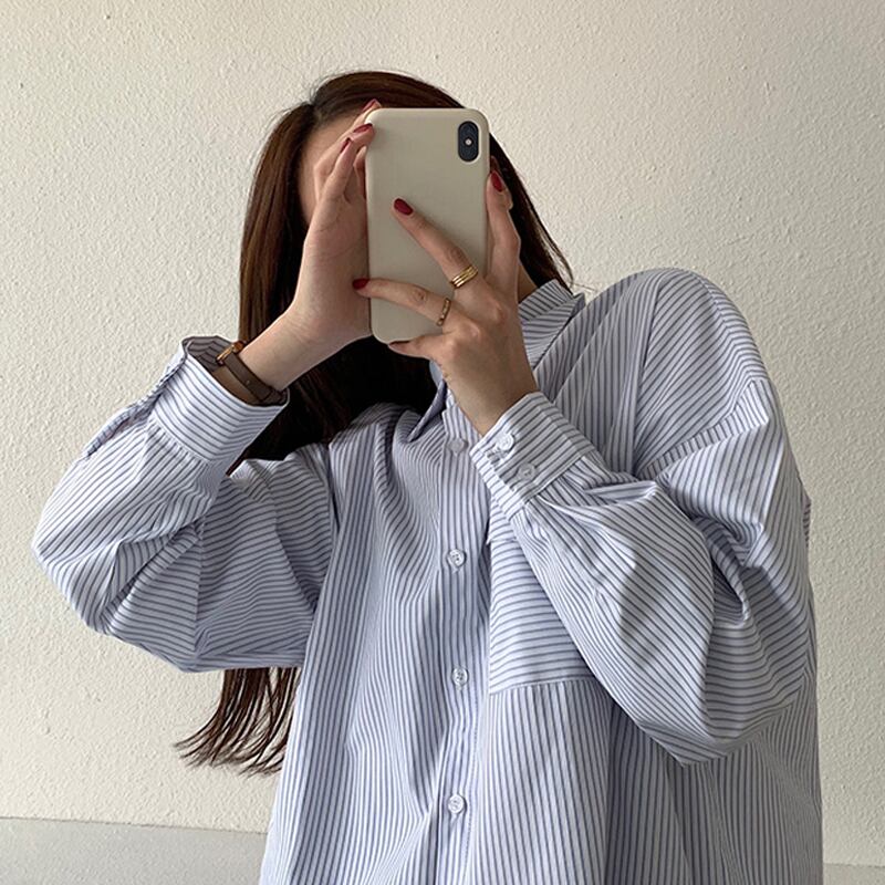 シャツ レディースウィンタースタイルルーズストライプジャケット ロング 冬物 試着室15079761447