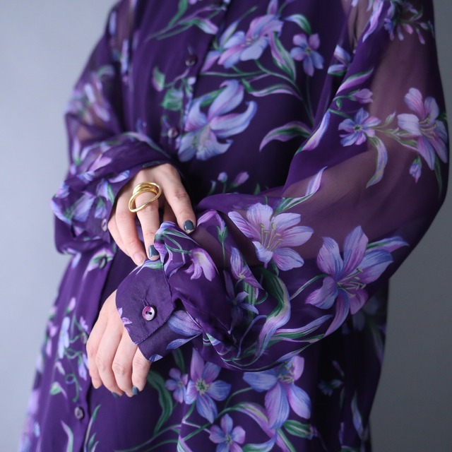 beautiful violet flower art pattern loose silhouette see-through shirt