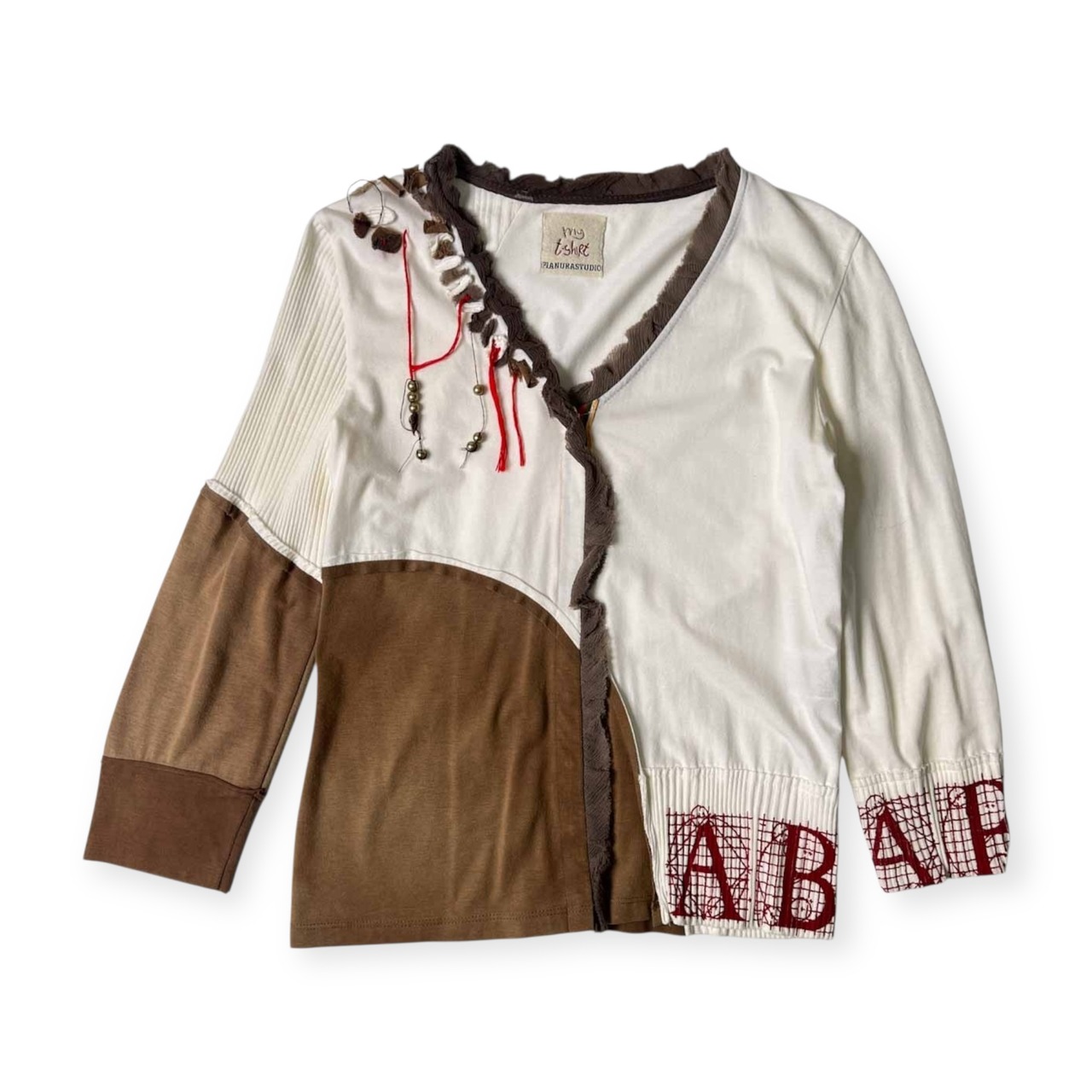 イタリア製 シルク混 my T-shirt PIANURASTUDIO ピアヌラストゥーディオ デザイン Vネック カーディガン 48/ホワイト×ブラウン系 レディース エスニック