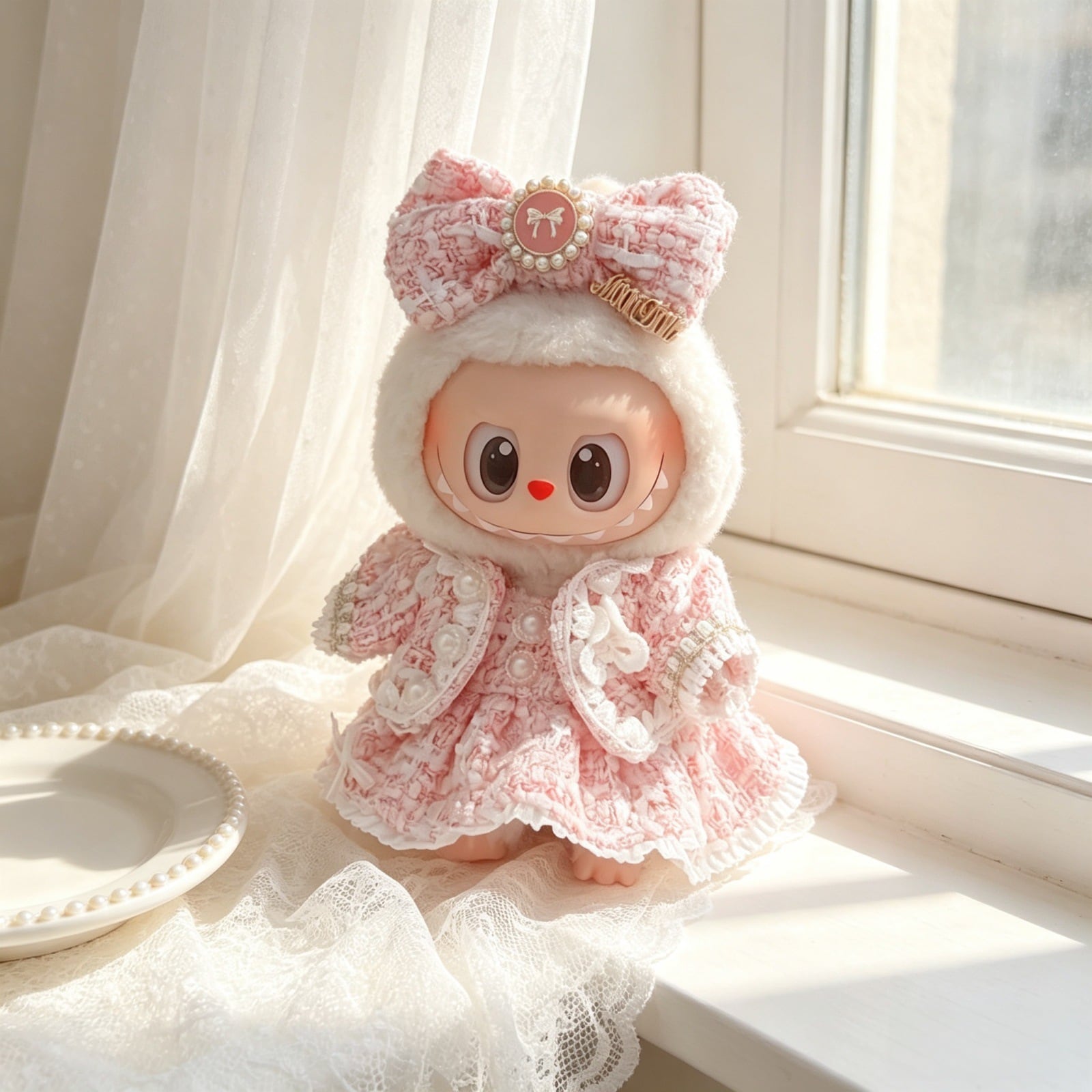 Labubu 1-3代/15cmぬいぐるみ用 パール 蝶ワンピース+ジャケット+ヘア