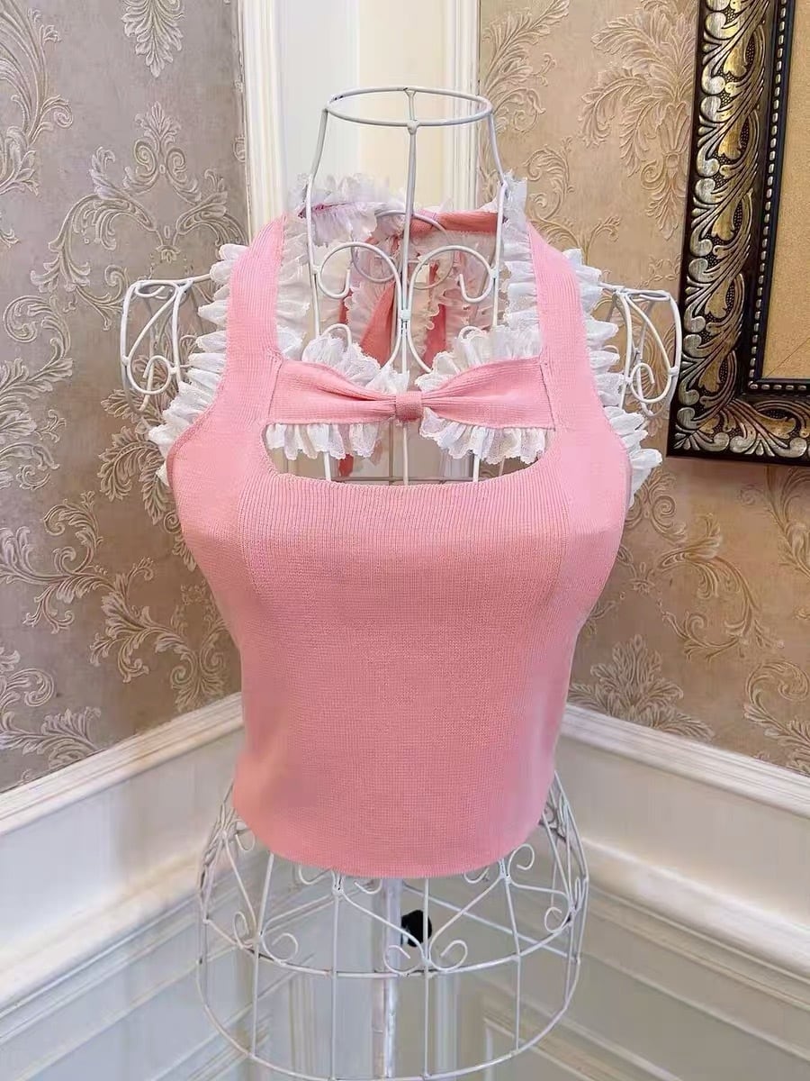 トップス リボン ピンク 黒 フリル トップス キャミソール