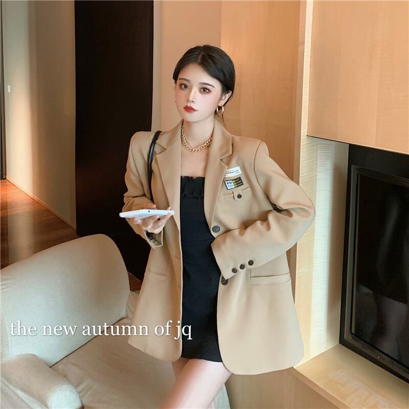 ミドル丈デザインバッジスモールスーツジャケットレディース2020年秋新作ルーズスタイルオールマッチスーツジャケット ブラックストロベリース98112129056
