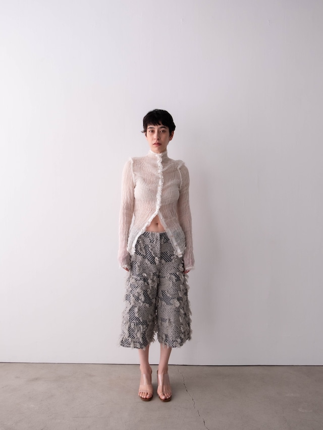 ERiKOKATORi/EK11-1-4 wool linen gauze highneck top Ivory