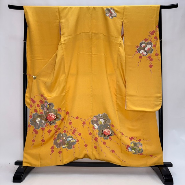 振袖 中古 黄色 正絹 古典 裄67.5cm 身丈161cm 美品 L サイズ 成人式 6168