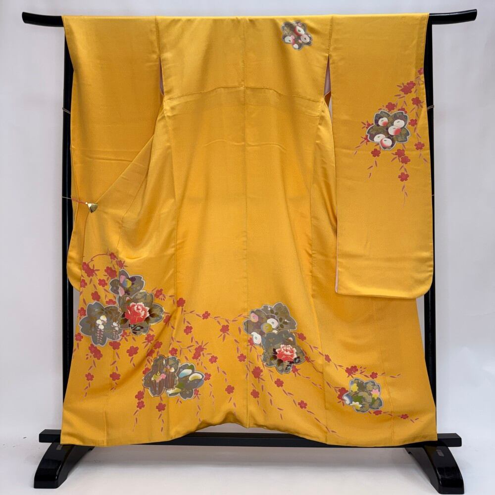 振袖 中古 黄色 正絹 古典 裄67.5cm 身丈161cm 美品 L サイズ 成人式 6168