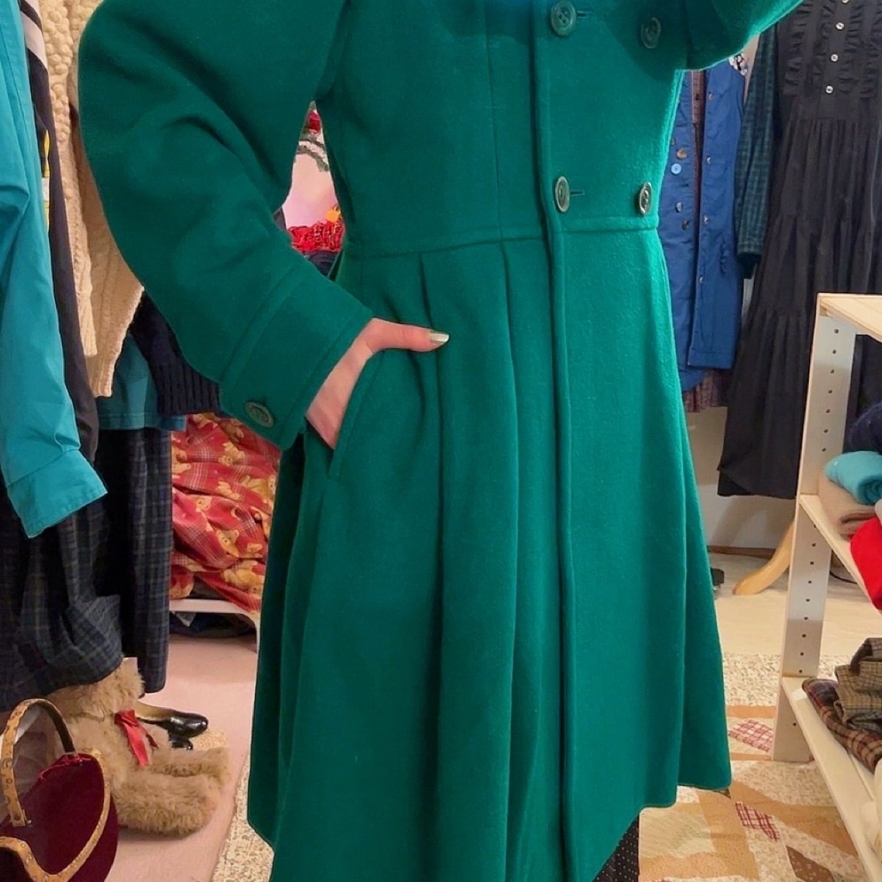 green double button flare coat