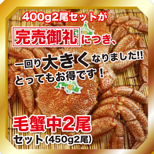 冷凍毛蟹　450g前後【送料・箱代無料】　中毛蟹2尾セット　北海道産　福屋物産株式会社