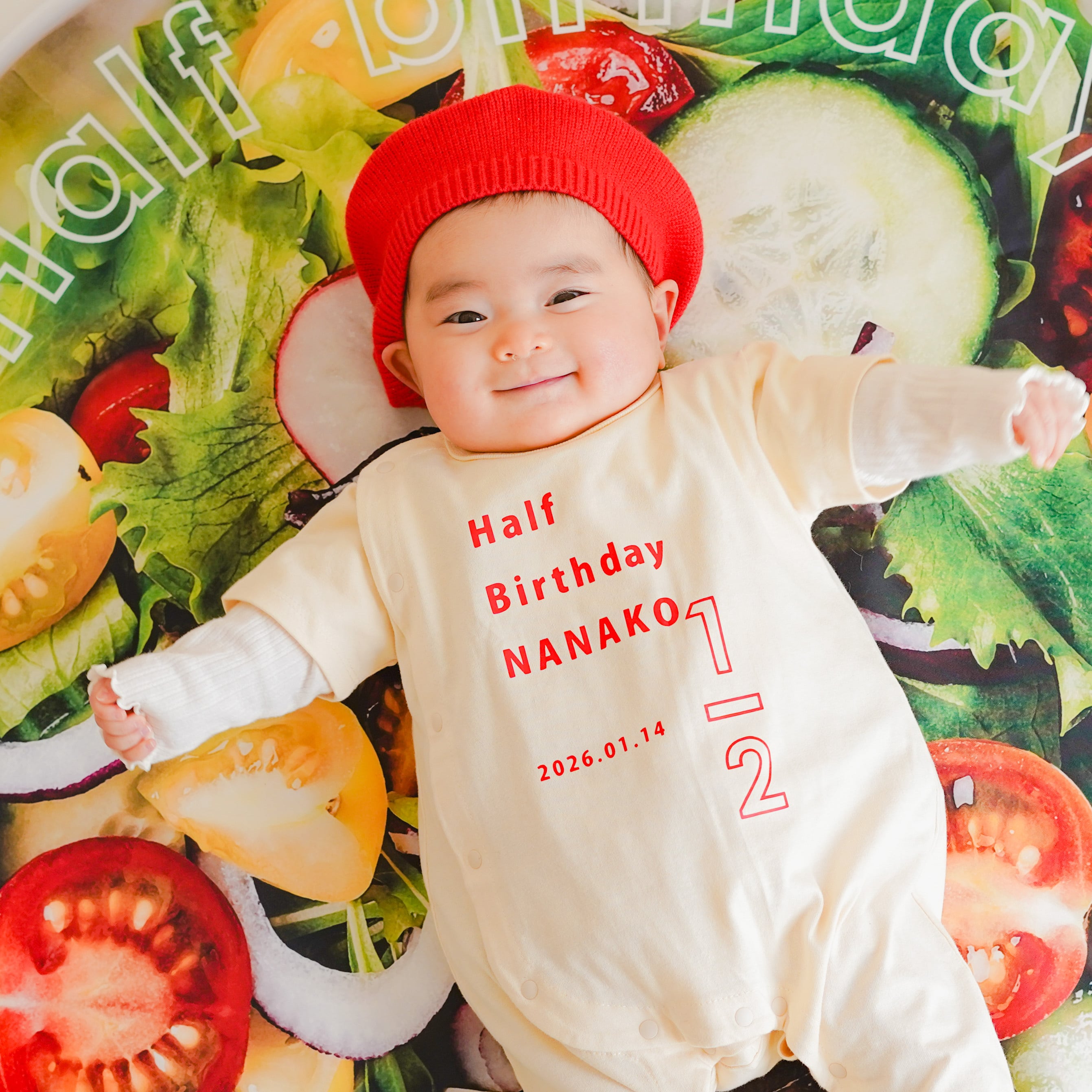 【部屋着にもなる名入れウェア01】 3点セットがおすすめ / 帽子あり / ハーフバースデー衣装 / おうちスタジオ