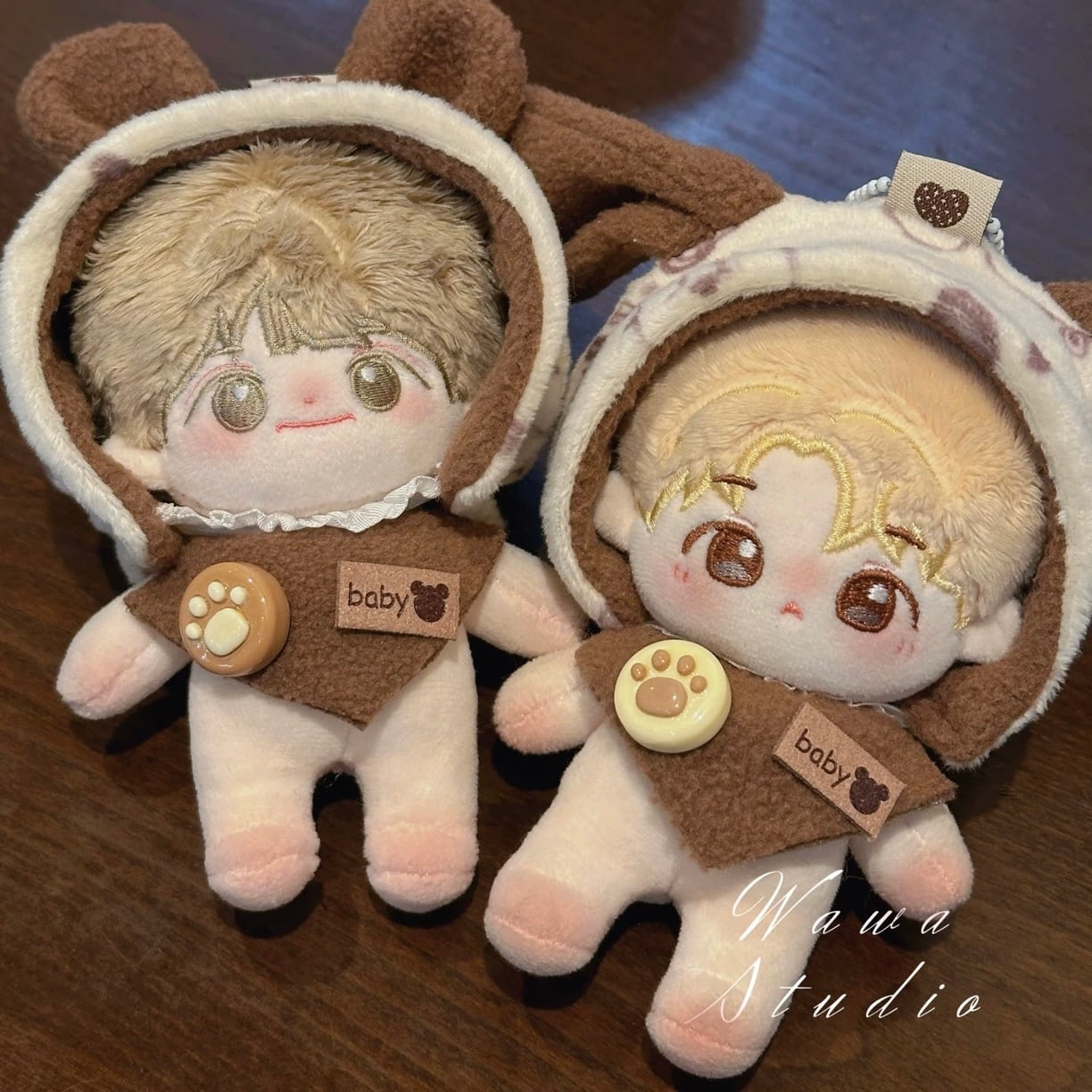 15cmぬい服】クマ耳&うさ耳 ブラウンコーデ 着せ替えぬいぐるみ 棉花