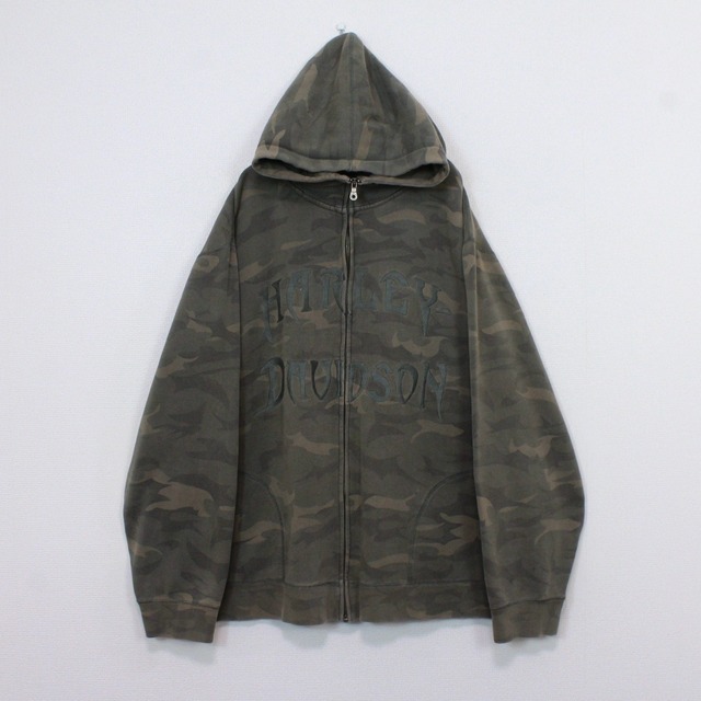 【Caka act2】"HARLEY-DAVIDSON" Logo Embroidery Camoflage Patch Vintage Loose Zip Up Hoodie