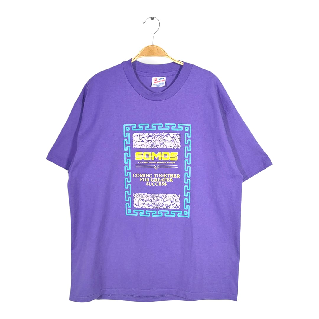 90s アステカ マヤ USA製 ヴィンテージ Tシャツ SOMOS シングルステッチ パープル ヘインズ サイズXL 古着 BZ0512