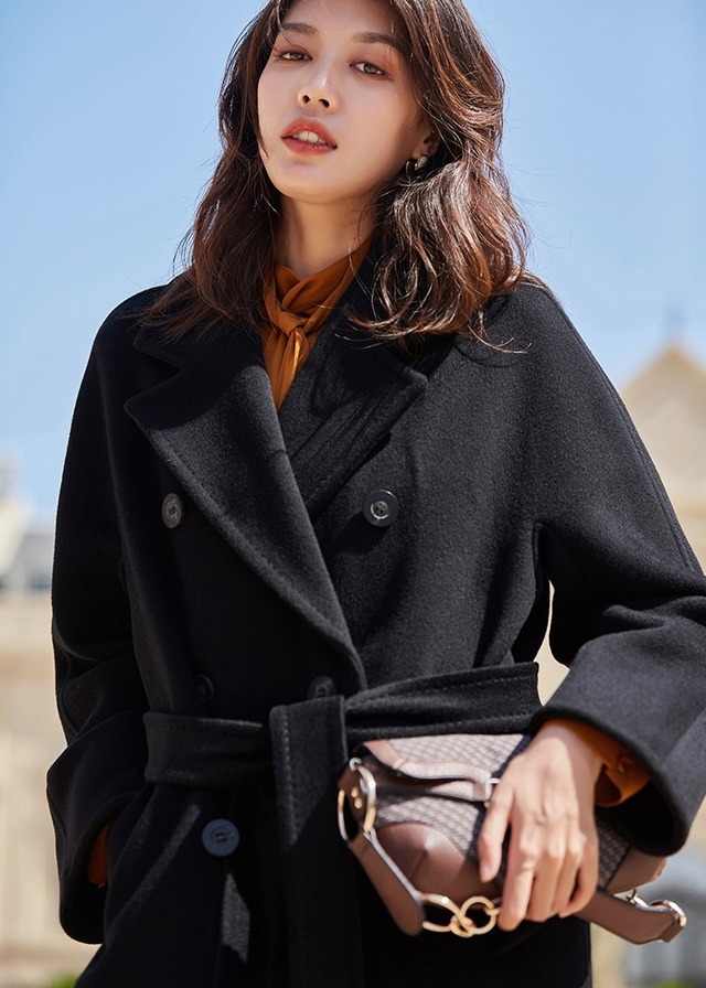 【定番】【XXS〜XL】ウールブレンドベルト付きチェスターコート-ブラック