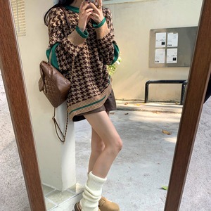 千鳥格子柄 ニット 長袖 レディース トップス 秋冬 かわいい 大人 きれいめ おしゃれ カジュアル レトロ プルオーバー 大人可愛い 大人女子