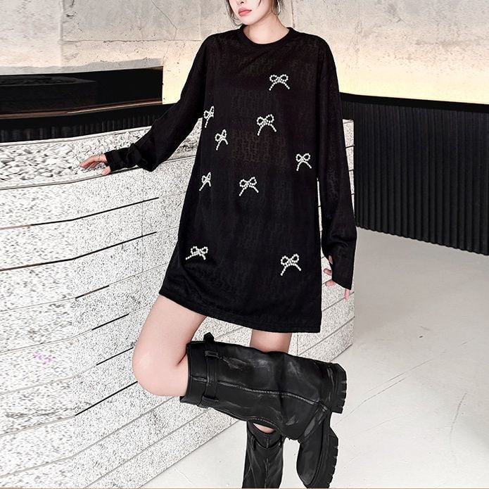 PEARL BOW EMBELLISHED LONG SLEEVE MINI DRESS M-18592