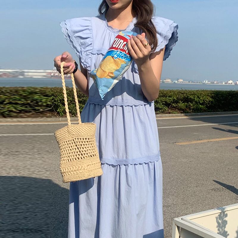 ワンピース レディース ロングワンピース 4カラー フリーサイズ ブラック ブルー 白 黄 黒 カラバリ 長袖 無地 Aライン ロング丈 裾フリル マーメイドシルエット クルーネック ボリューム袖 ランタンスリーブ 裾コンシャス ドロップショルダー ゆったり ルーズ 体型カバー マタニティ シンプル カジュアル フェミニン キュート 大人可愛い おしゃれ 普段使い イベント デート お出かけ 女子会 休日 旅行 着まわし 重ね着コーデ ファッション コーデ スタイル モテ 送料無料 こなれ感 春 夏