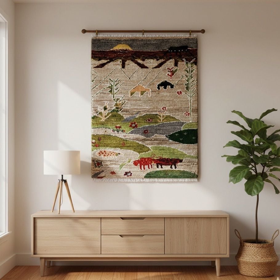 ギャッベ 本物 手織り イラン産 玄関マット ブルー 36×60cm | honmono