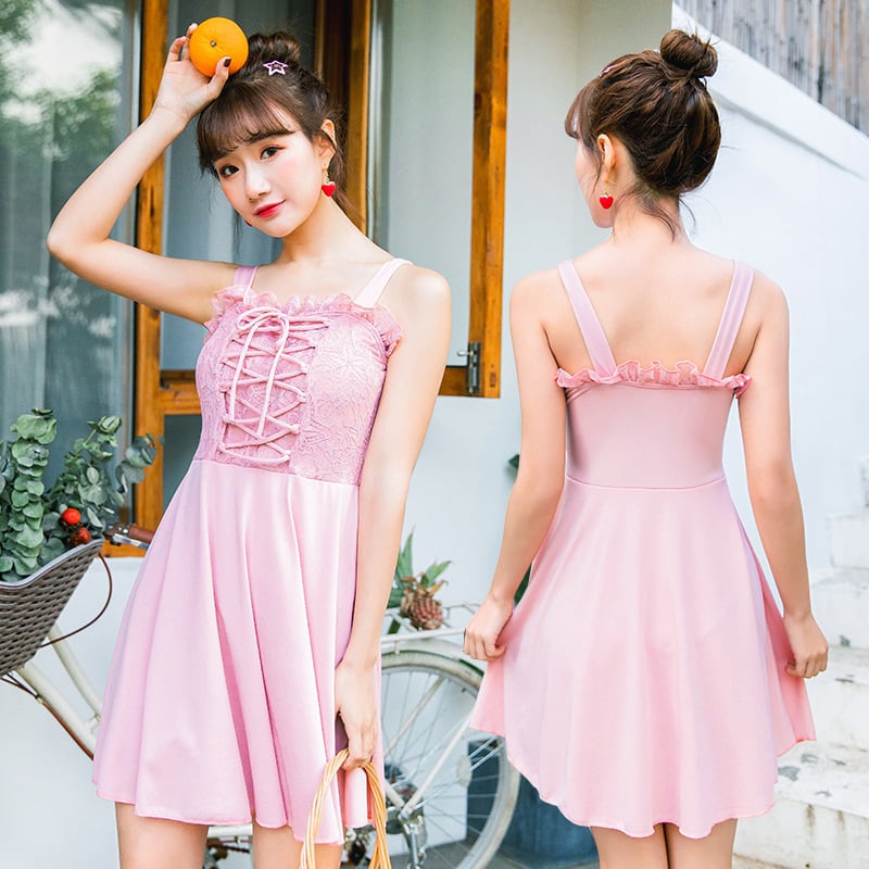 Z-20223 水着 ワンピース レースアップ フリル フレア シンプル