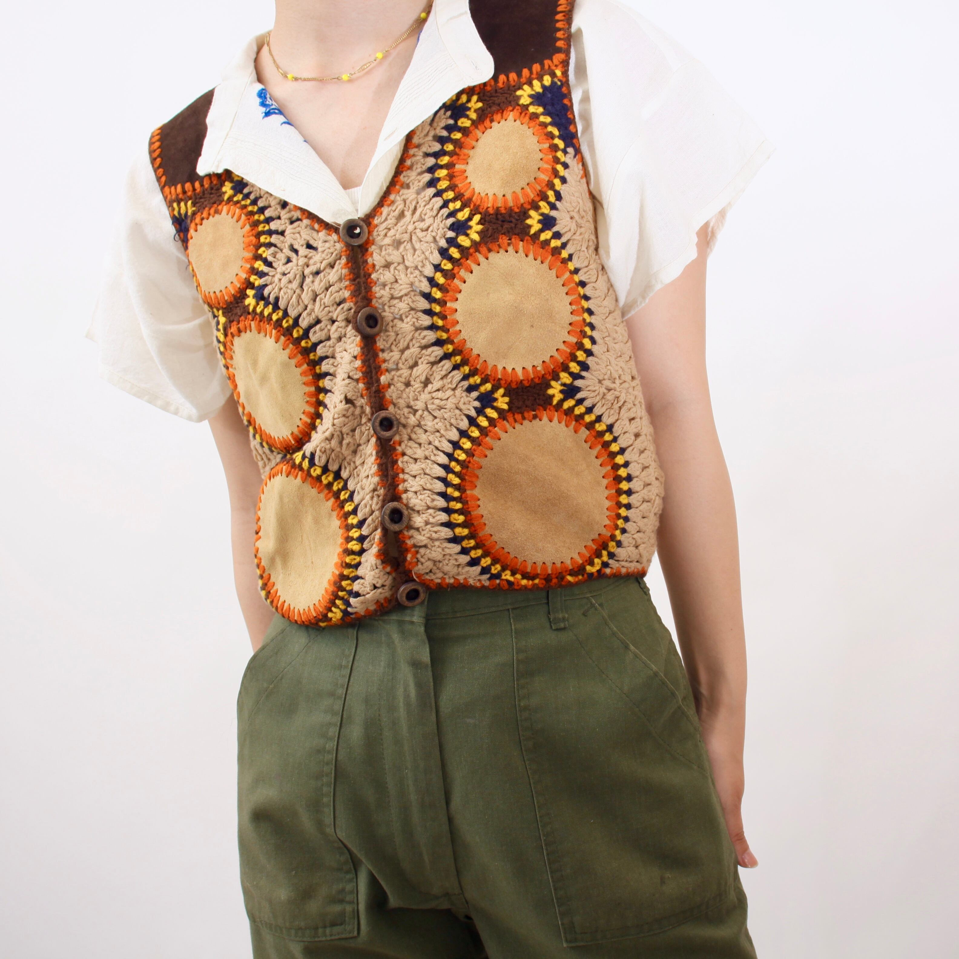 . vintage crochet knit vest switching suede leather ベージュ