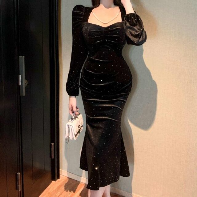 予約販売】ワンピース レディース ベロア スクエアネック ドット柄