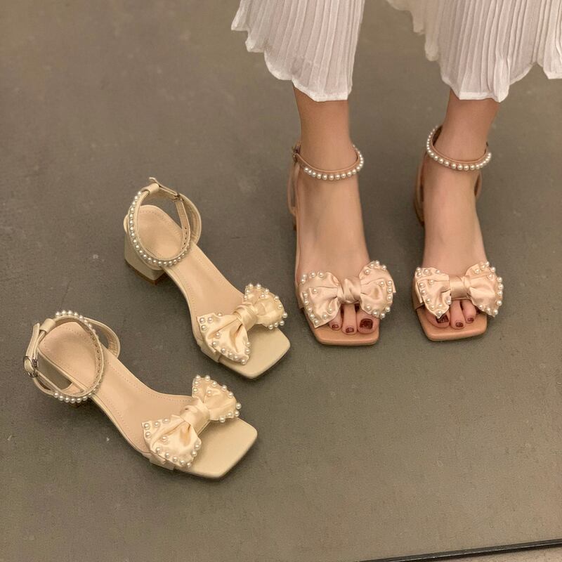 サンダルサマーレッドリボンパールスタイルヒール 靴 シューズ 夏物 真珠 スクウェア 部族の婦人靴67998844005