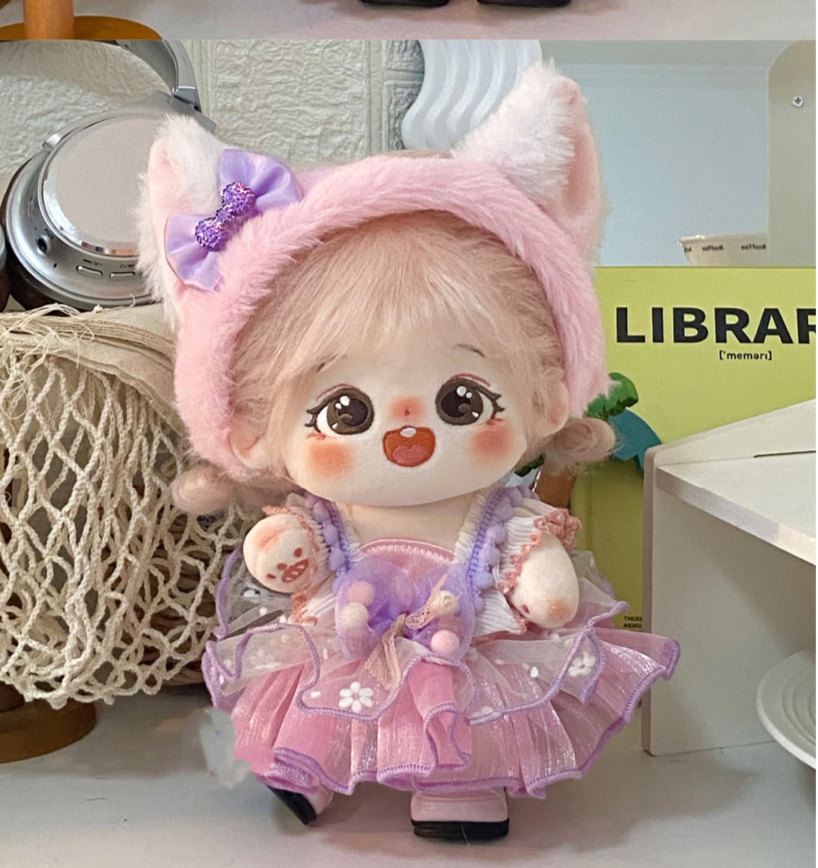2#716 20cmぬい服(無属性) ハンドメイド プリズムピンク×WHレース 20cmぬいぐるみ 着せ替え服 ピンクドリーム ドレス 2点セット