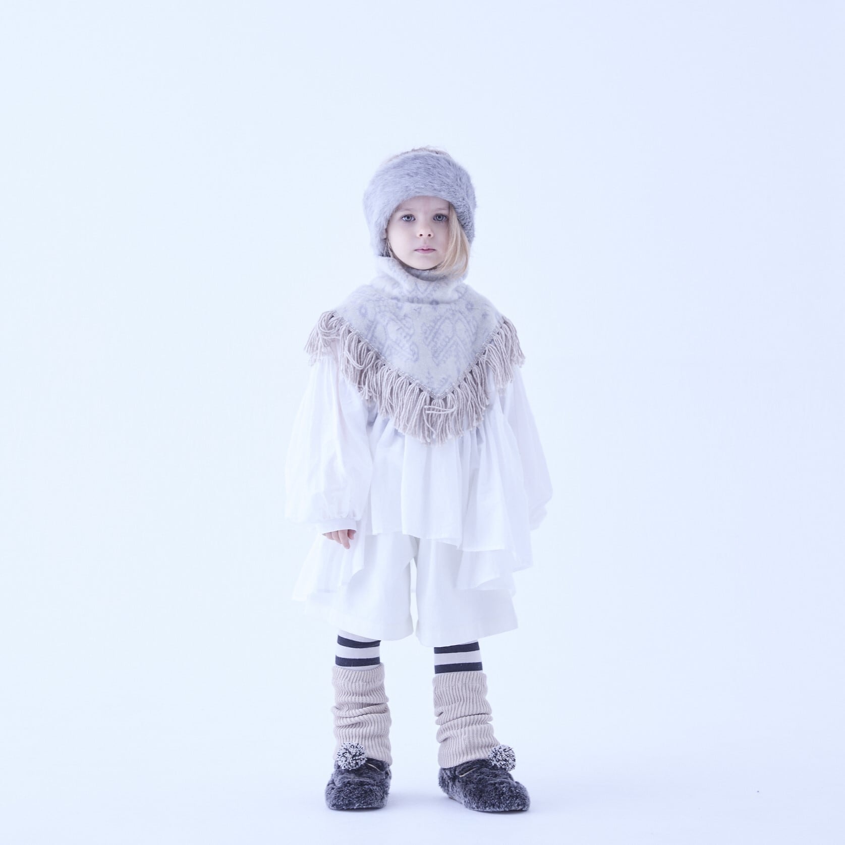 【25AW】eLfinFolk(エルフィンフォルク)Snow Jacquard Fringe Cape ivory(M)ケープ アウター アイボリー