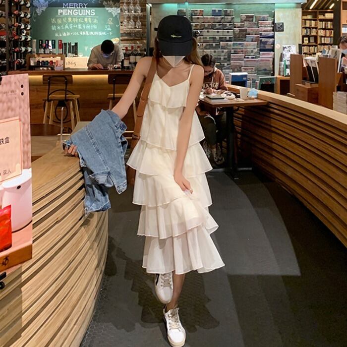 ホワイトドレス スタンダードロングスカート サマー薄手Aライン レトロ 夏物 モンロー28681532455