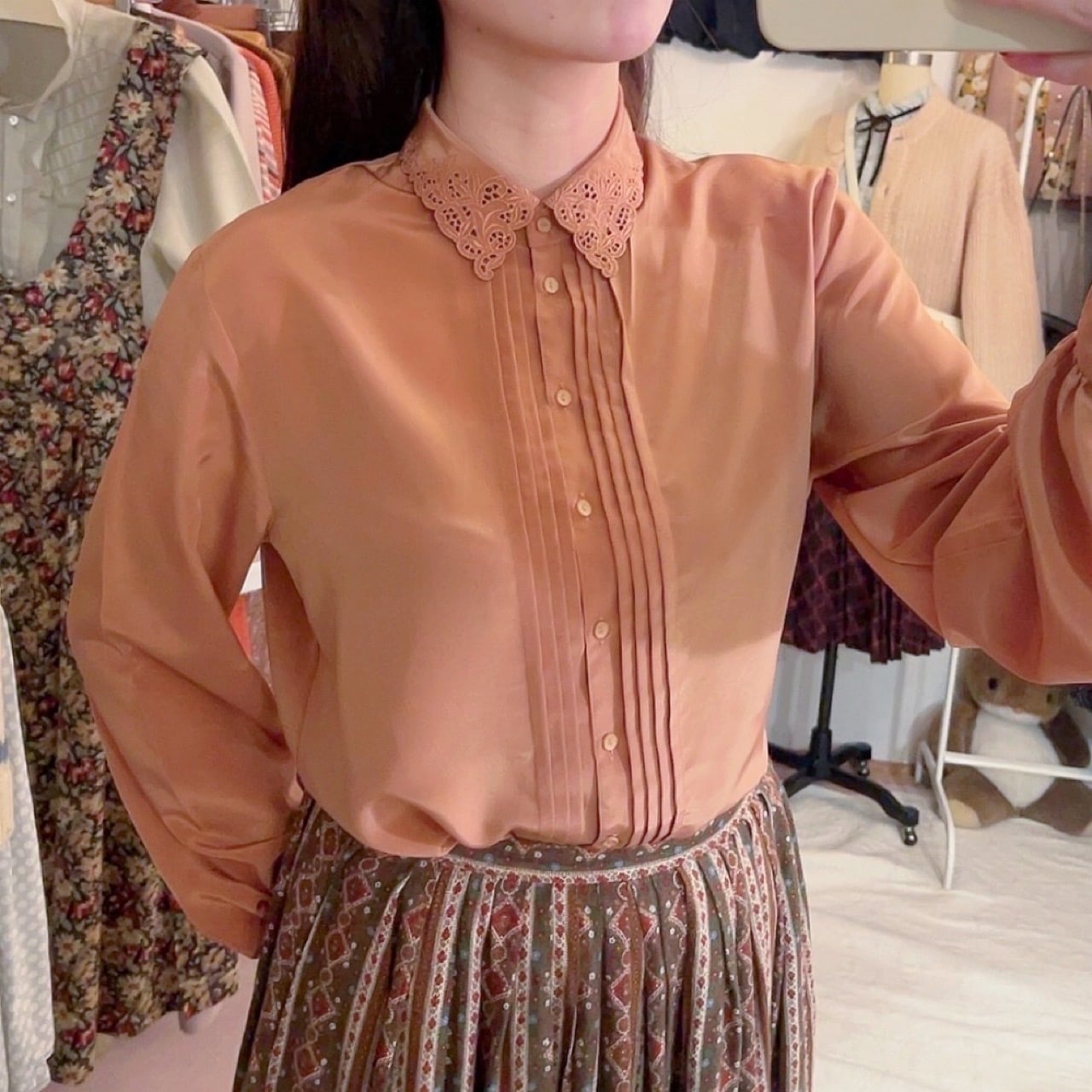 pale orange cutwork collar blouse