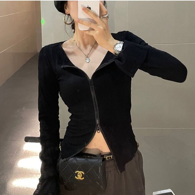 ジッパーカーディガンセーター レディースオータムブラックスリムシャツ ロング 秋物 ビッグFスモールZ韓国77554935975