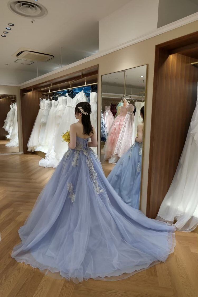 上品！ カラードレス Aライン 藤紫 結婚式 ブライダル 前撮り サッシュ 