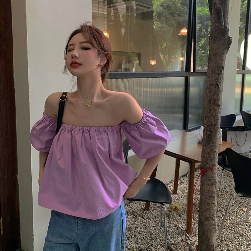 フレンチワンライン襟半袖シャツ女性の夏のストラップレスセクシーな注意深いマシンシャツ2020新しい紫トップ ブラックストロベリース81258261086