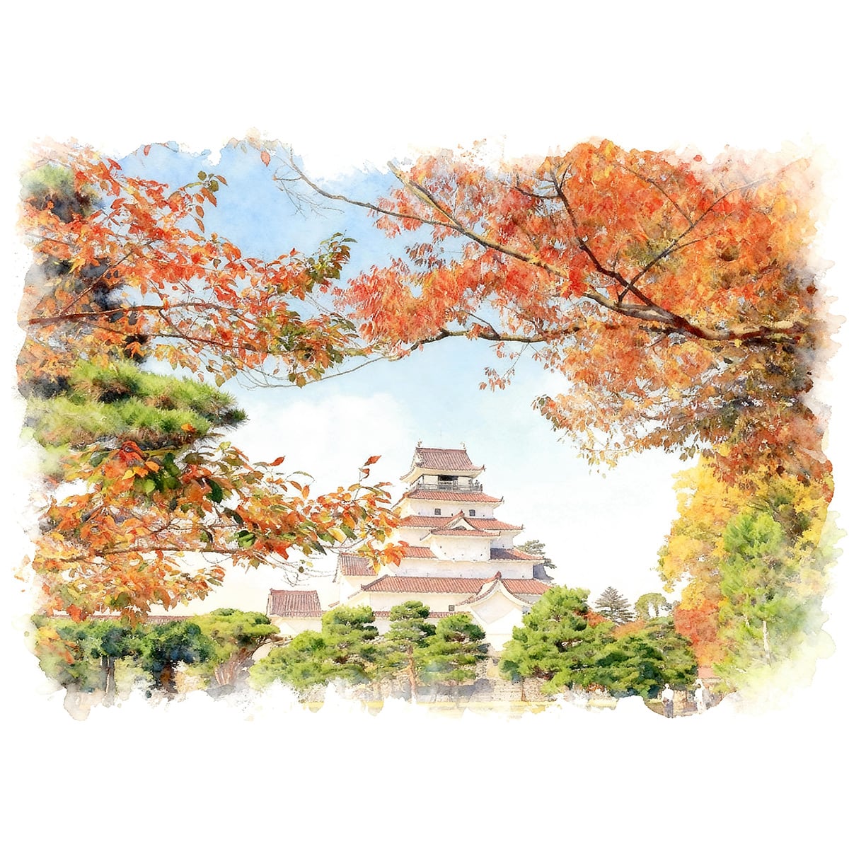 絵画 風景画 日本の 城 福島県 秋の紅葉 会津若松城(鶴ヶ城) インテリアアート額付き 水彩画風 WAT1767