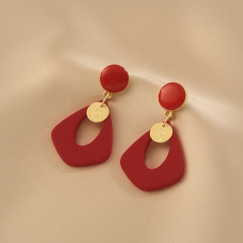 Red Geometric Drop Coin Earrings S0231