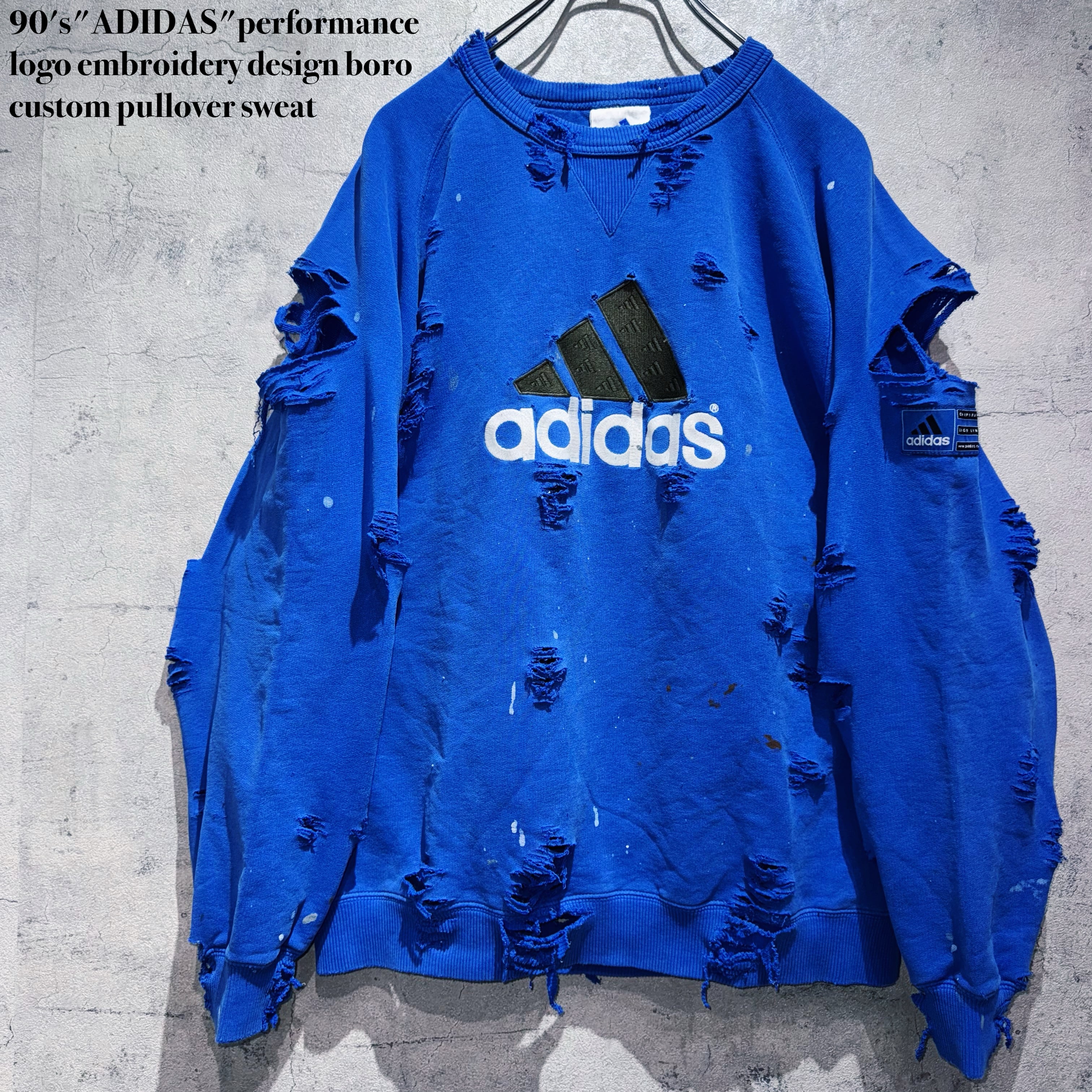 90's"ADIDAS"performance logo embroidery design boro custom pullover sweat
