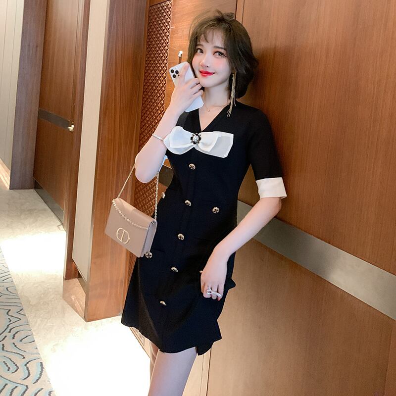 スタンダードVネックニットドレス ウェストスプリングサマー リボン レトロ 春物 夏物 MIUCO40587862615