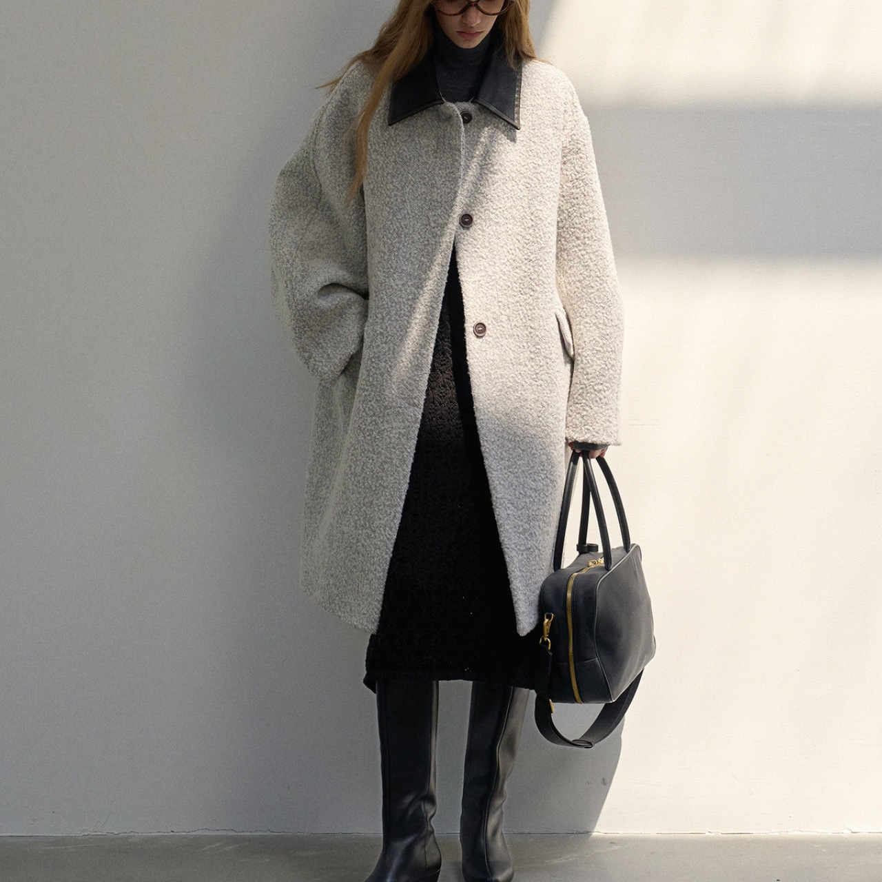 Leather Piping Oversized Long Wool Coat T3588