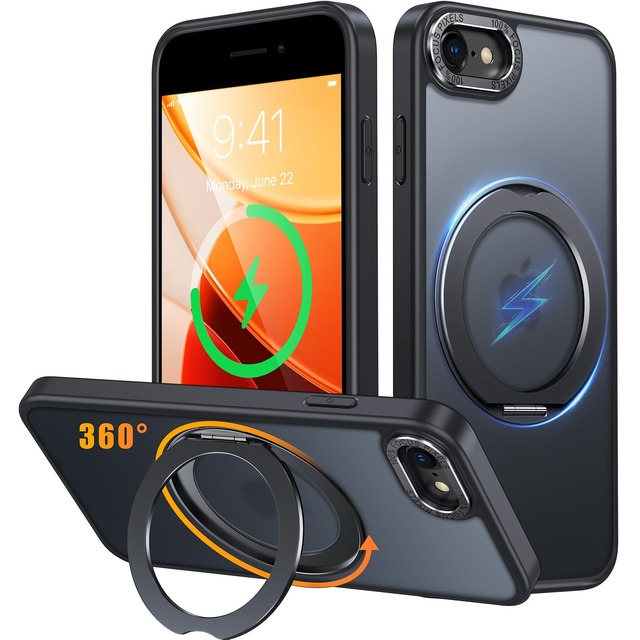 Gunwon iPhone SE3/SE2/8 用 ケース Magsafe対応 ワイヤレス充電 360°回転スタンド 縦横両対応 耐衝撃「ブラック」