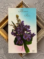 アンティークポストカード Bonne fete すみれとミモザのブーケ フランス 額装 インテリア 撮影小物 BE